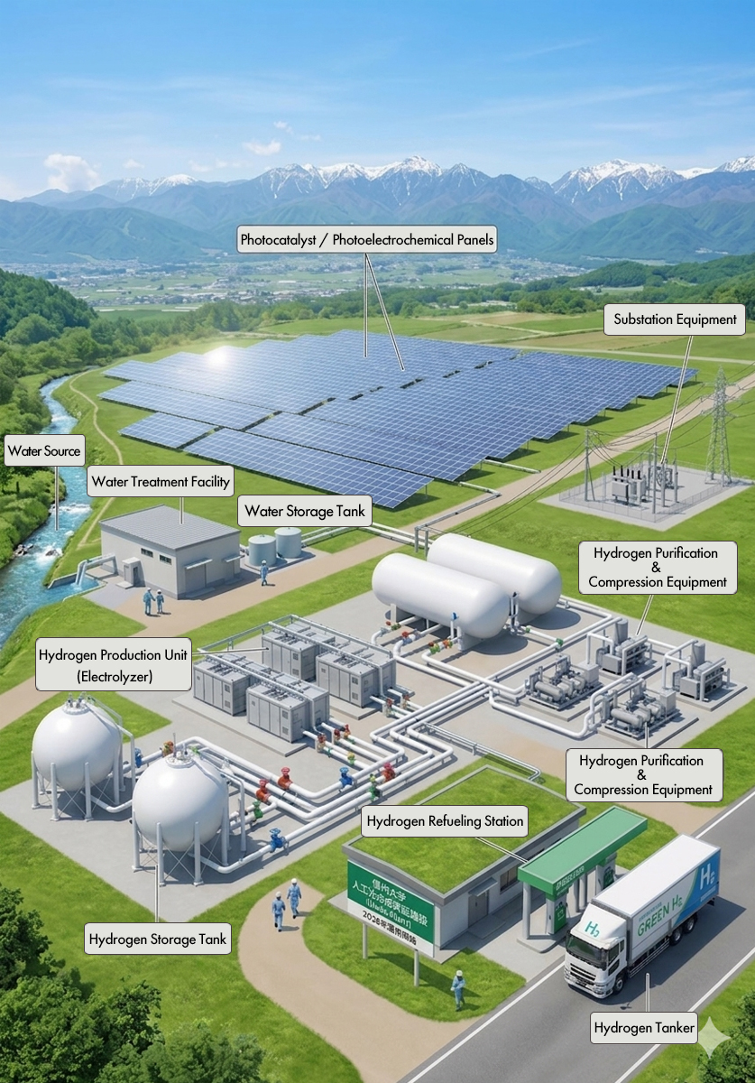Illustration of a future hydrogen production facility using artificial photosynthesis technology