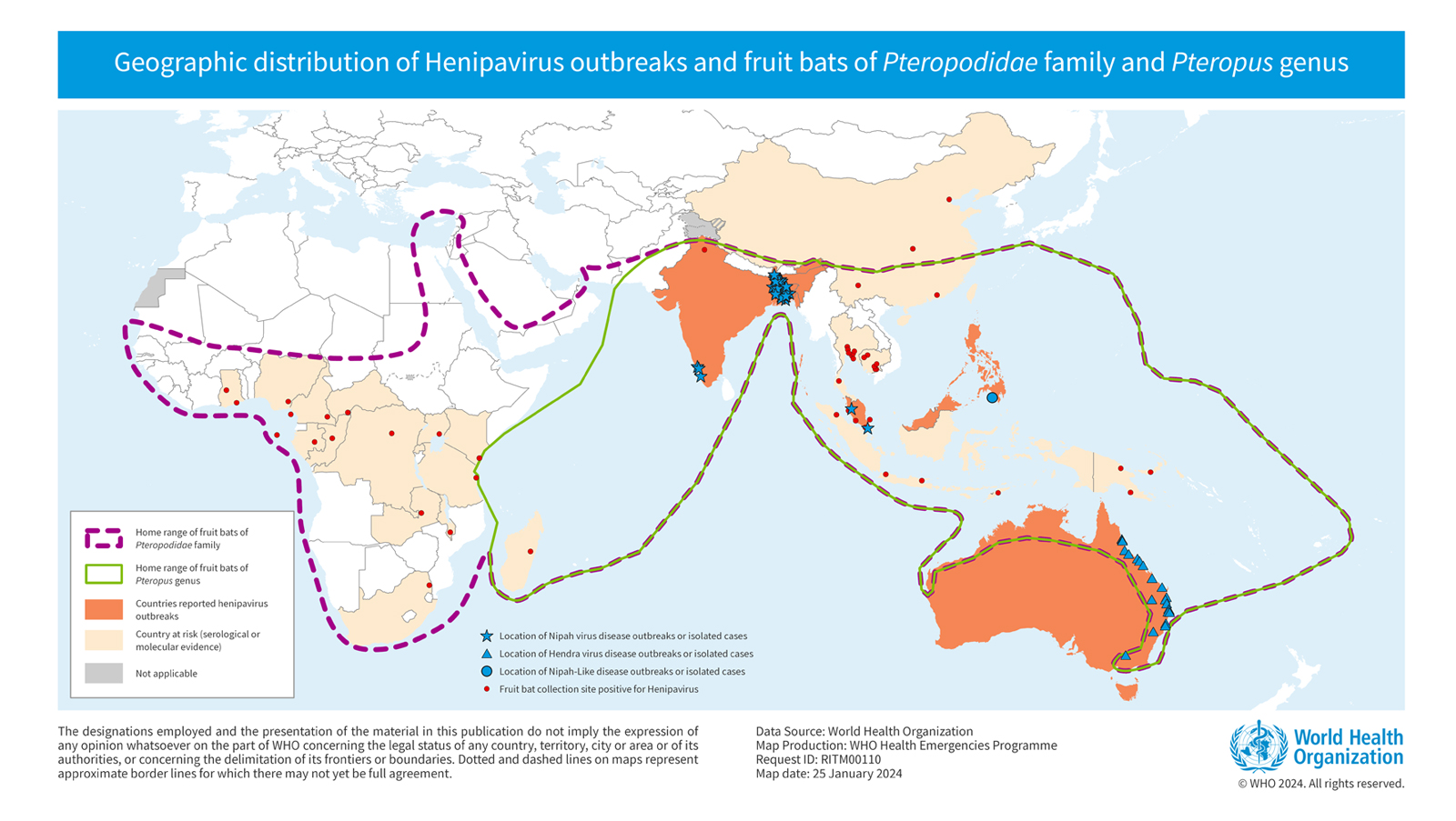 Nipah and Hendra virus occurrence map