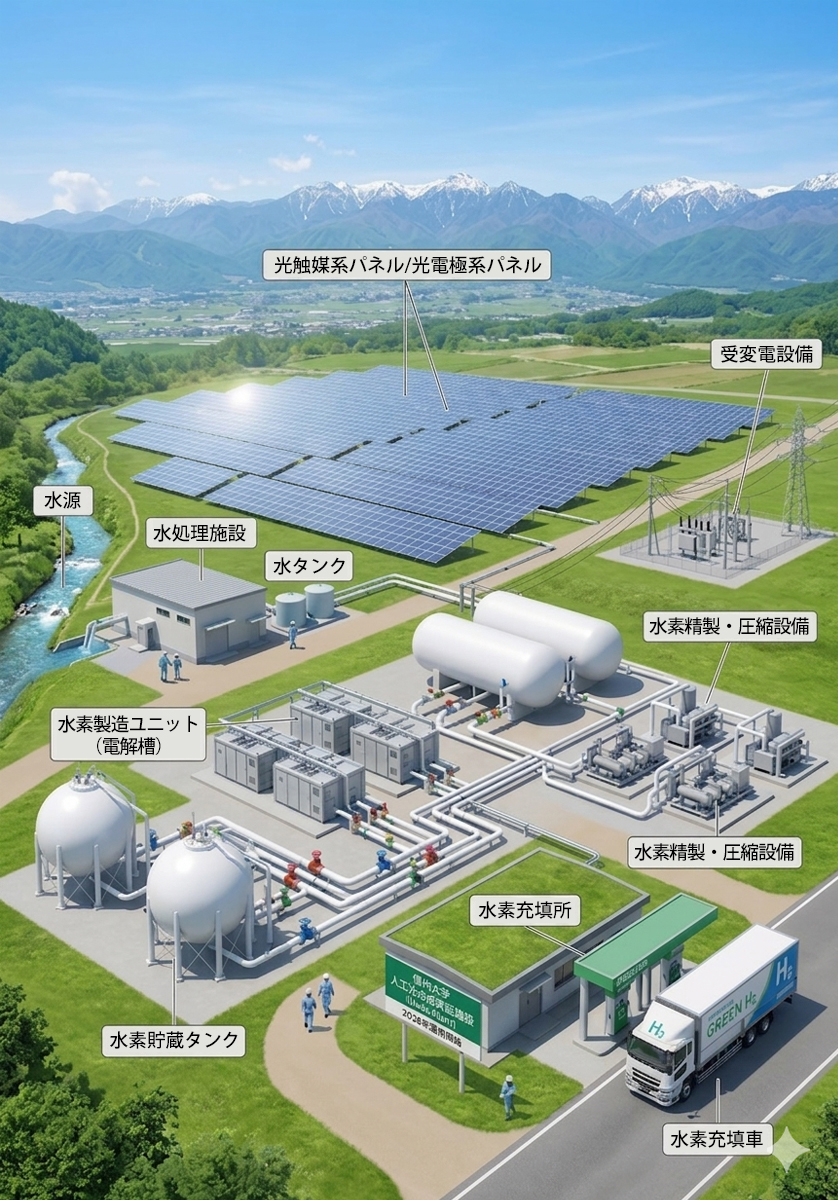 雪山を背景にした広大な敷地の人工光合成水素製造施設のイラスト。太陽光パネル、水処理施設、水素製造ユニット、貯蔵タンク、水素充填所、そして水素充填車が描かれ、各設備に日本語のラベルが付いている。